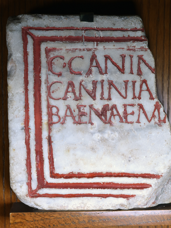 Fragmentary white marble plaque, said to be from Porta Salaria, Rome (purchased in 1909); rubricated inscription bordered by three rubricated lines which pass through the (uncompleted) D [M].