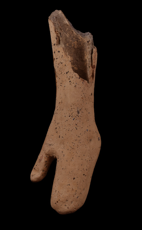 Upraised left hand & forearm. Four straight, contiguous fingers w large thumb stretched out diagonally, no articulation of details except for thumbnail; plain back.   Forearm of irregularly circular section flaring to end.